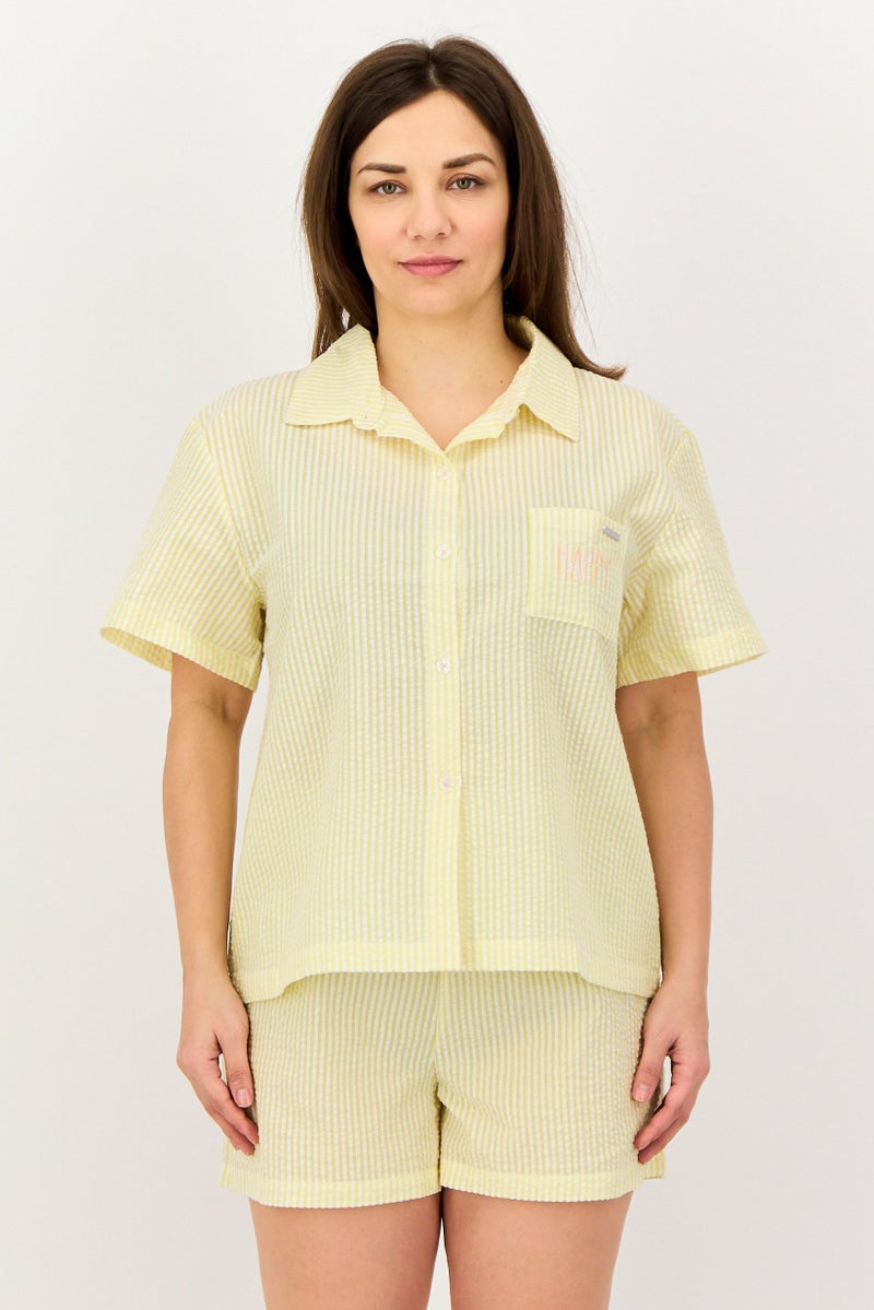 Rae Dunn Women 2 Pieces Spread Collar Embroidered Short Sleeve Pajama Set, Multicolor - Image 1